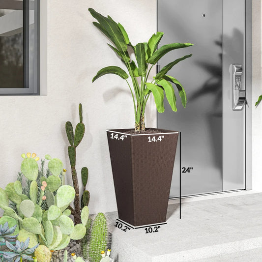 Set Of 3 Tall Planters With Drainage Hole, 24 Outdoor Flower Plant Pots, Indoor Planters For Porch, Front Door, Entryway, Patio And Deck, Brown