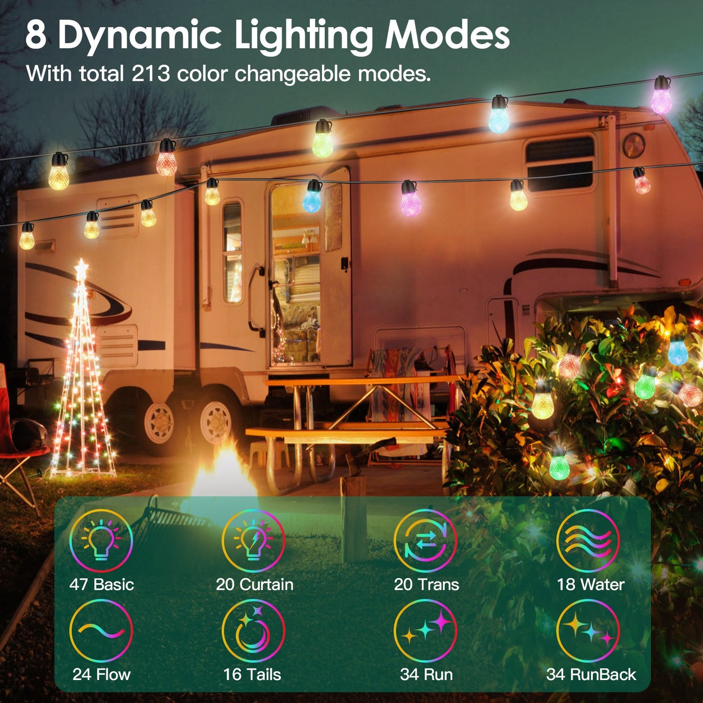 52.5FT Colorful Outdoor String Lights Smart RGB LED Patio Lights IP66 Waterproof Dimmable Hanging Light Bulbs With APP Remote Control 15 Bulbs