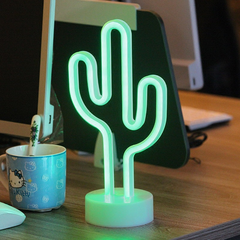Bedroom Room Layout Romantic Cactus Decoration Neon Light