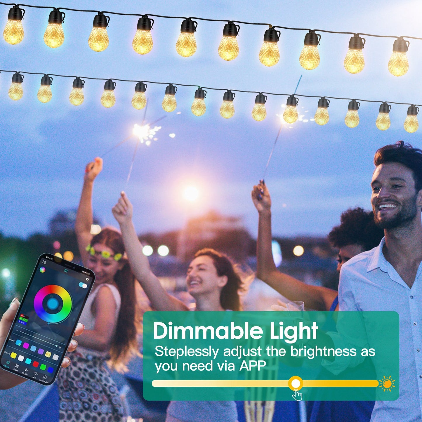 52.5FT Colorful Outdoor String Lights Smart RGB LED Patio Lights IP66 Waterproof Dimmable Hanging Light Bulbs With APP Remote Control 15 Bulbs