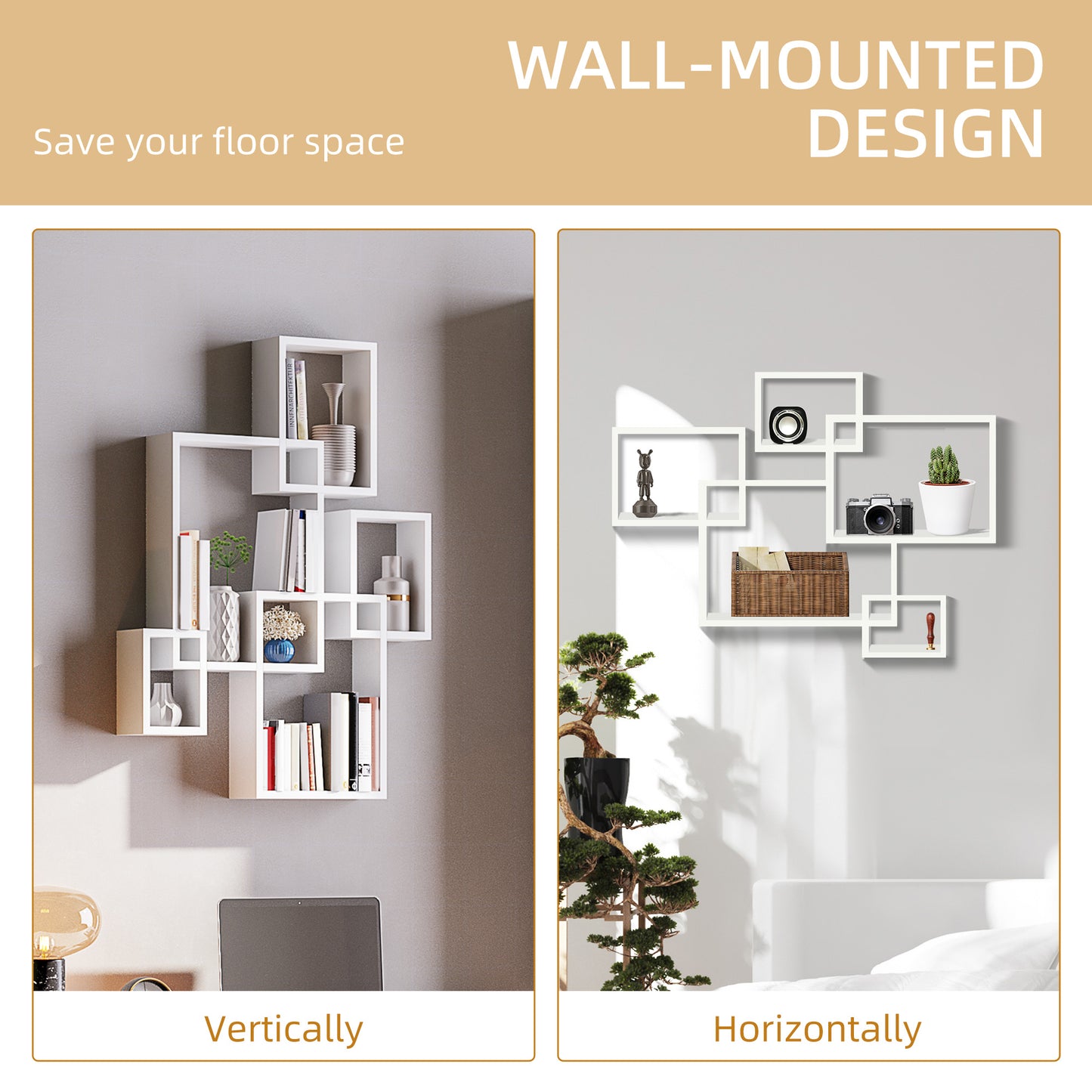 Floating Shelves, Wall Mounted Interlocking Cube Shelves, Display Wall Shelf For Living Room, Bedroom, Hallways, White