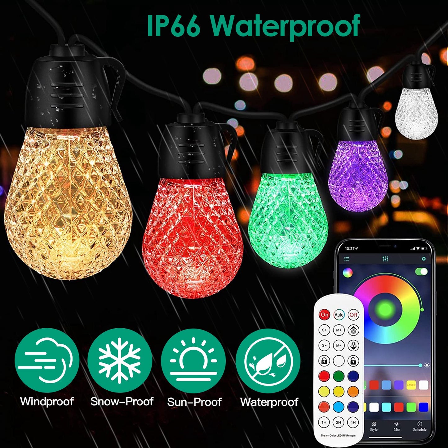 52.5FT Colorful Outdoor String Lights Smart RGB LED Patio Lights IP66 Waterproof Dimmable Hanging Light Bulbs With APP Remote Control 15 Bulbs