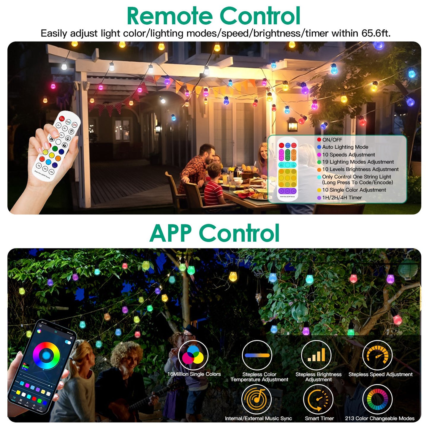52.5FT Colorful Outdoor String Lights Smart RGB LED Patio Lights IP66 Waterproof Dimmable Hanging Light Bulbs With APP Remote Control 15 Bulbs